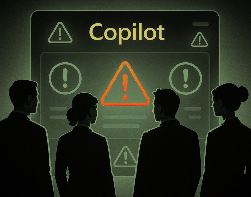 Business team evaluating Microsoft Copilot readiness with caution signs
